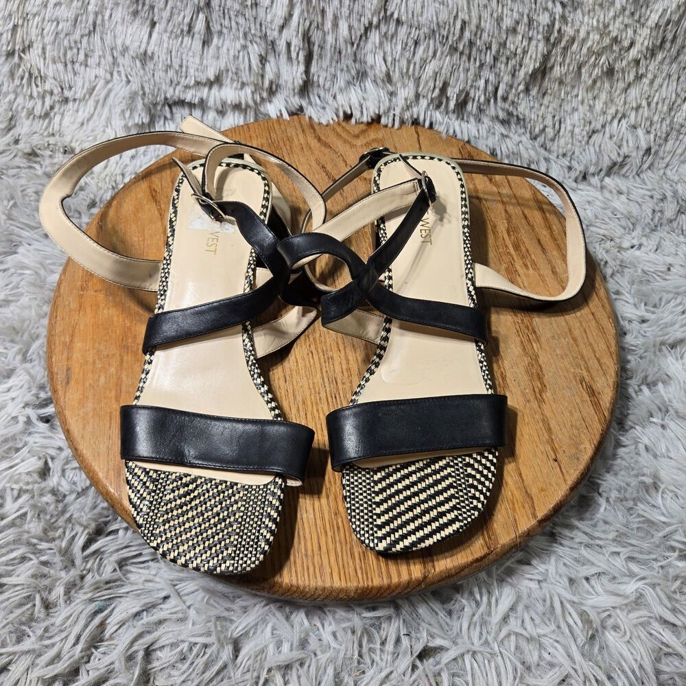 Nine West Womens Block Heels Sandals Size 9M Black Leather Long Strap
